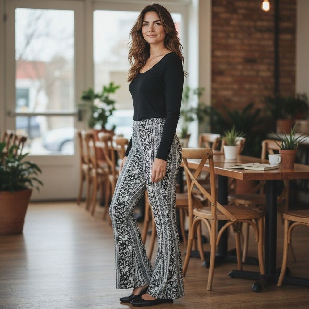 Forever 21+ Black White Paisley Flared High Rise Leggings Palazzo Boho Pants 2X